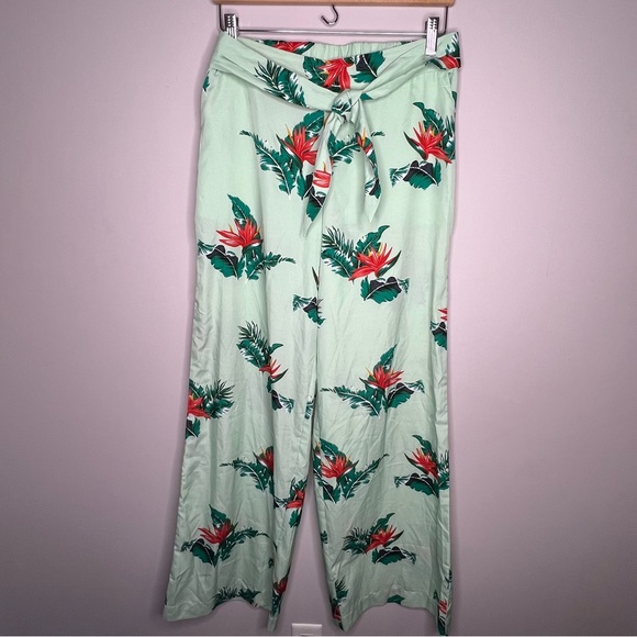 NWOT Mango floral wide leg pants in green boho leaf flower print size large - Picture 10 of 16